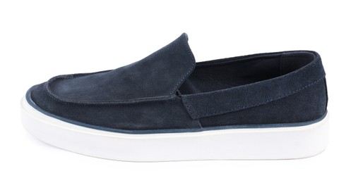 Photo of One stylish dark blue shoe on white background