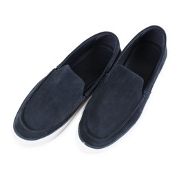 Photo of Pair of stylish dark blue shoes on white background, top view