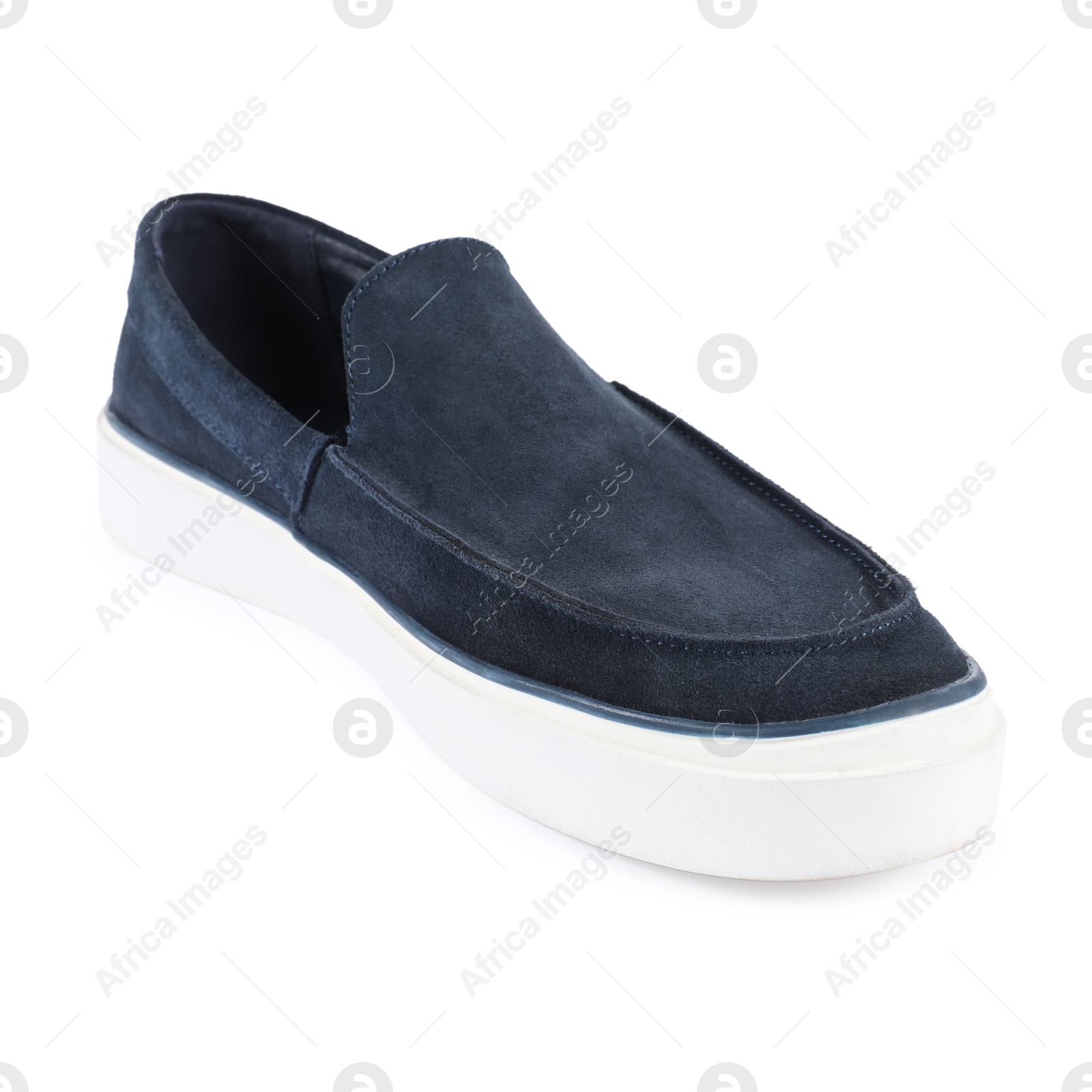 Photo of One stylish dark blue shoe on white background