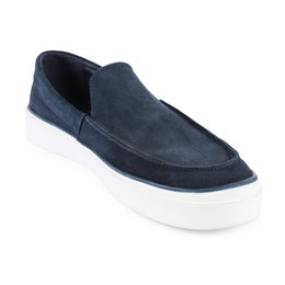 Photo of One stylish dark blue shoe on white background