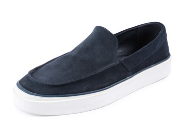 Photo of One stylish dark blue shoe on white background