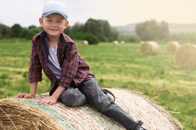 Photo of Little boy on hay bale in field at summer. Space for text