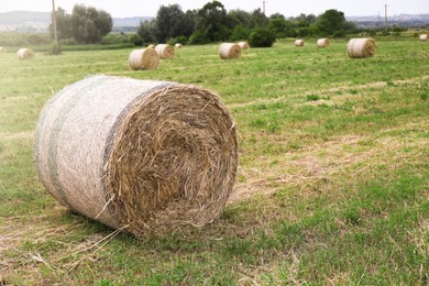 Photo of Hay bale on green grass in field. Space for text