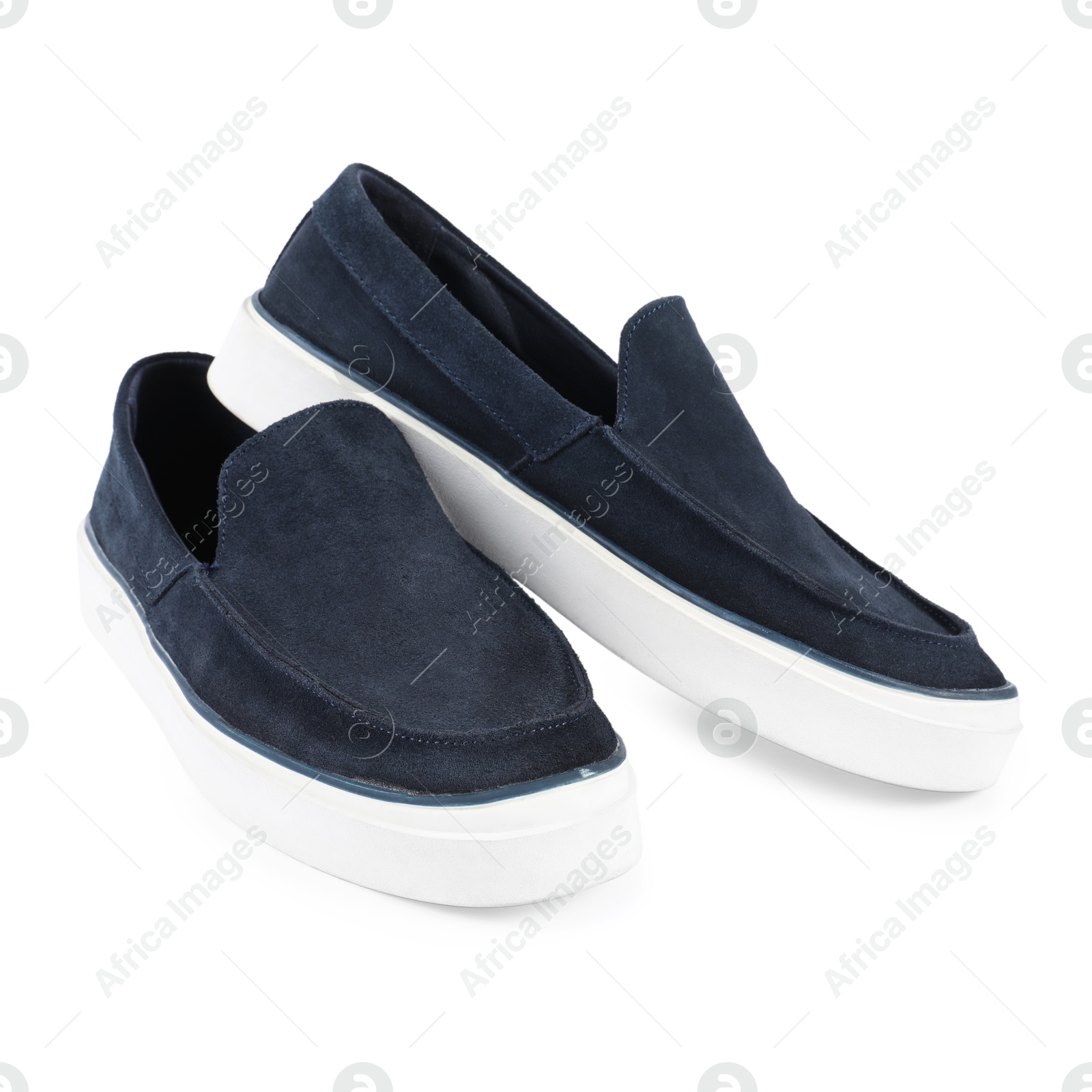 Pair of stylish dark blue shoes on white background Photo of Pair of stylish dark blue shoes on white background