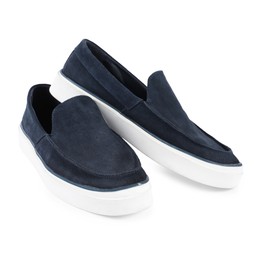 Photo of Pair of stylish dark blue shoes on white background