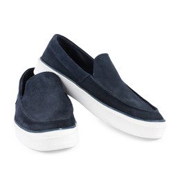 Photo of Pair of stylish dark blue shoes on white background