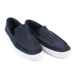 Photo of Pair of stylish dark blue shoes on white background