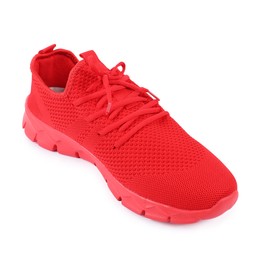 Photo of One stylish red sneaker on white background