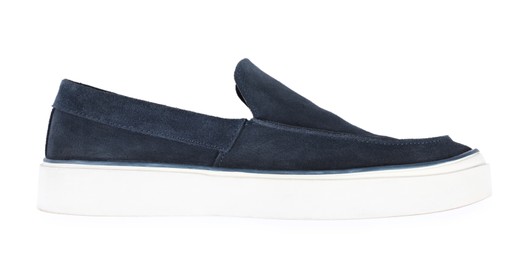 Photo of One stylish dark blue shoe on white background, top view