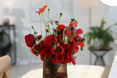 Photo of Beautiful poppy flowers in vase at home, closeup