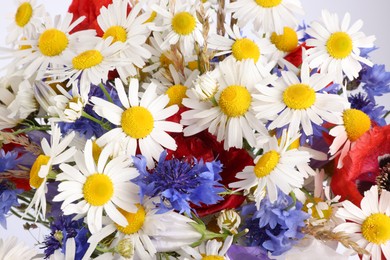 Photo of Bouquet of beautiful wildflowers on white background, closeup