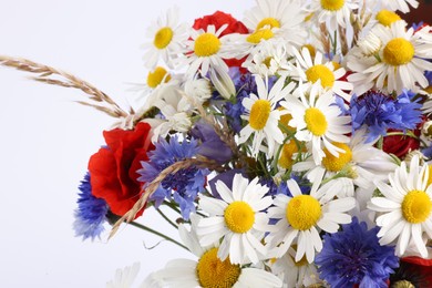Photo of Bouquet of beautiful wildflowers on white background, closeup