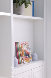 Photo of Many different trendy magazines and vases in white shelving unit indoors