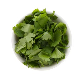 Photo of Aromatic cilantro in bowl isolated on white, top view