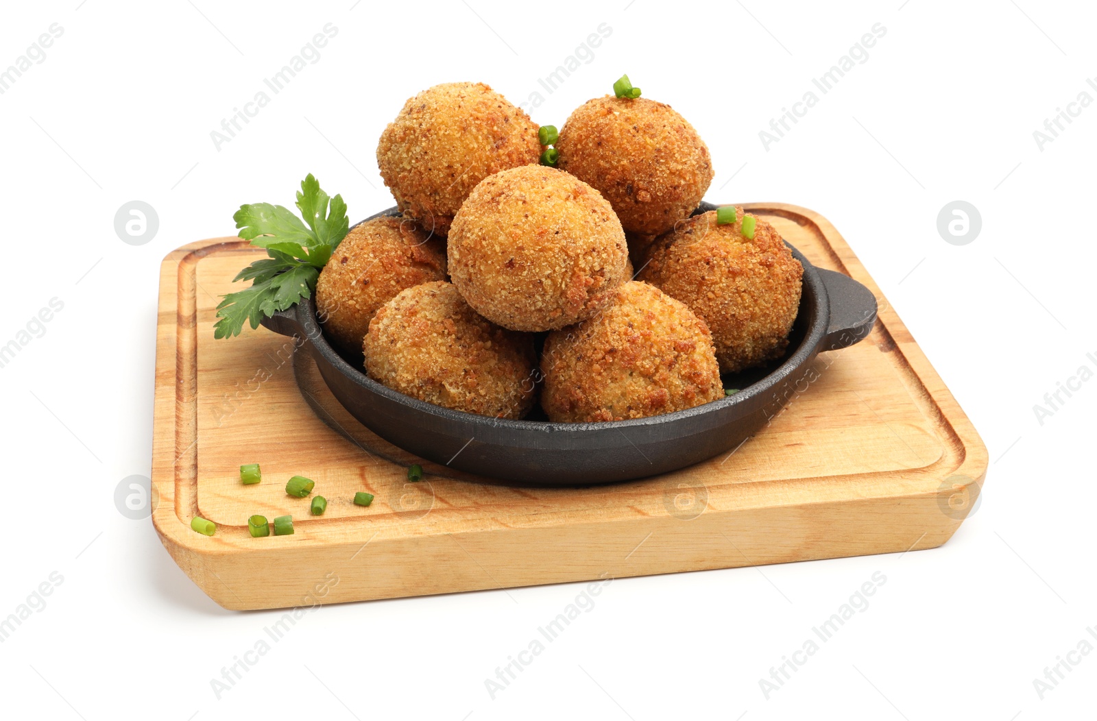 Photo of Delicious fried croquette balls with green onion and parsley isolated on white