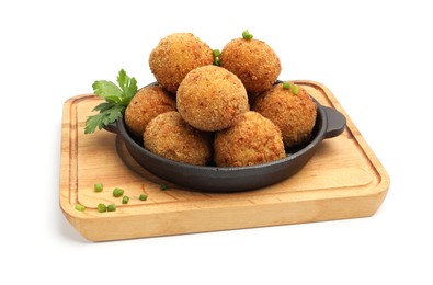 Photo of Delicious fried croquette balls with green onion and parsley isolated on white