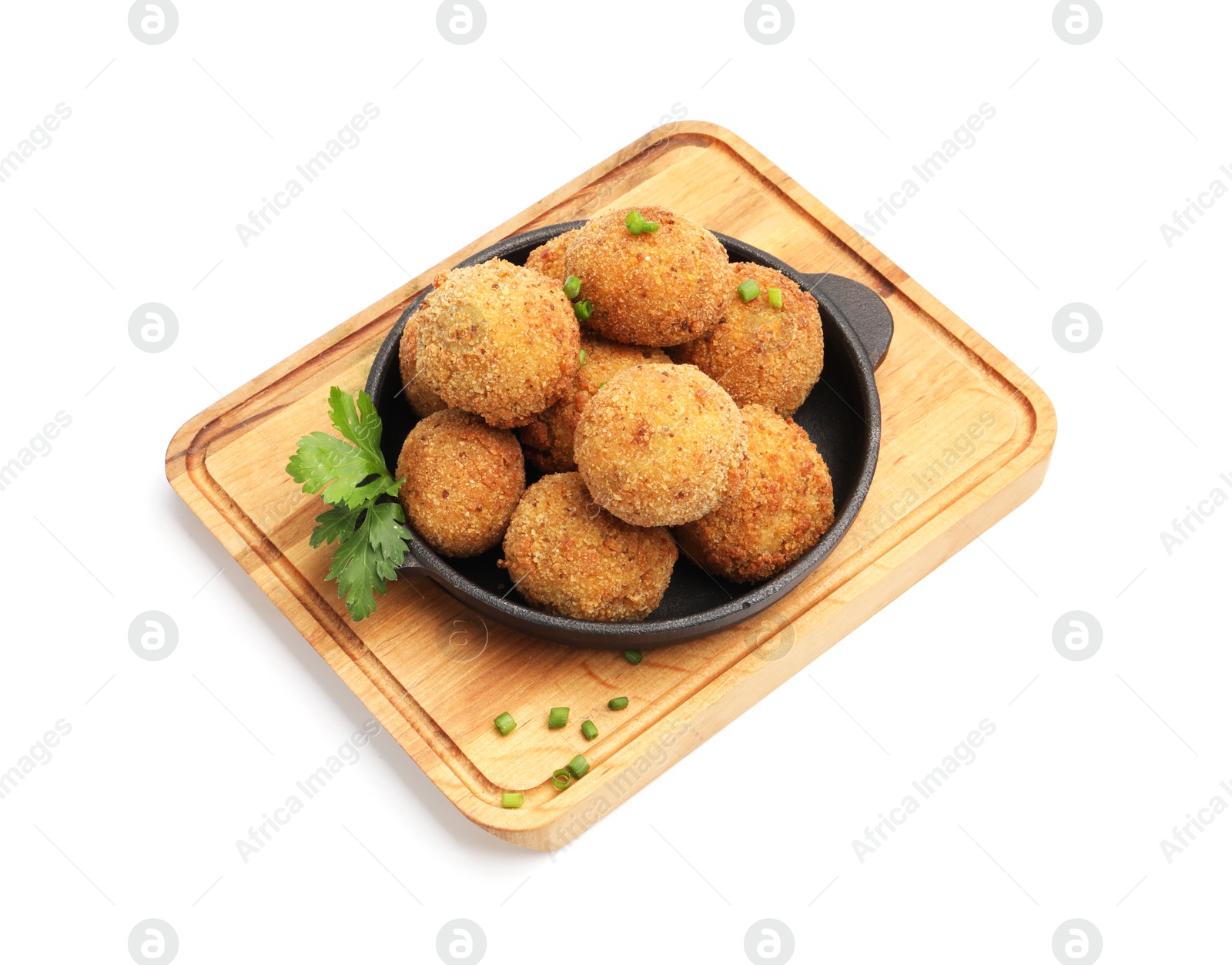 Photo of Delicious fried croquette balls with green onion and parsley isolated on white