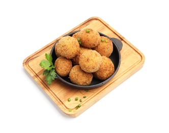 Photo of Delicious fried croquette balls with green onion and parsley isolated on white