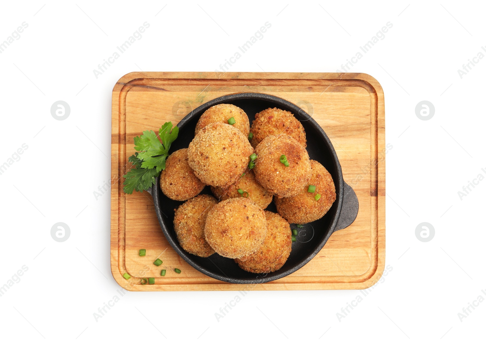 Photo of Delicious fried croquette balls with green onion and parsley isolated on white, top view