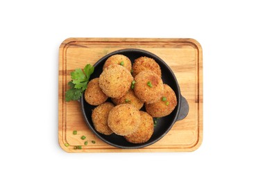 Photo of Delicious fried croquette balls with green onion and parsley isolated on white, top view