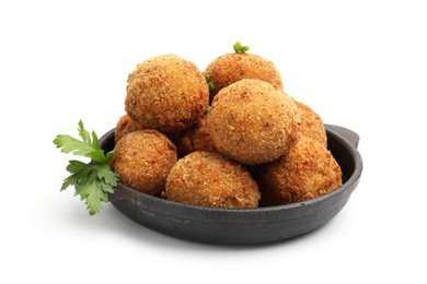 Photo of Delicious fried croquette balls with green onion and parsley isolated on white