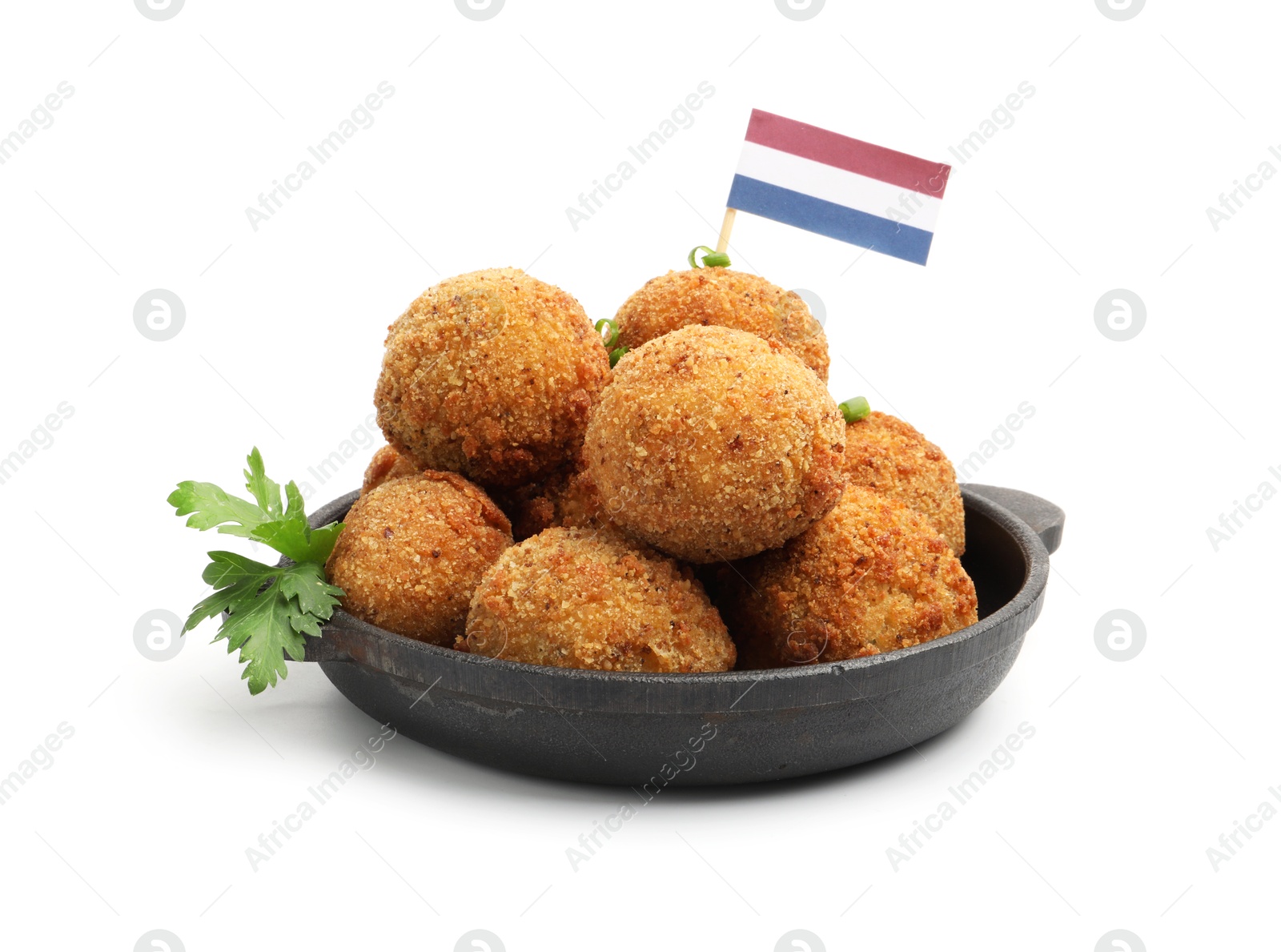 Photo of Delicious fried croquette balls with green onion, parsley and small flag of Netherlands isolated on white
