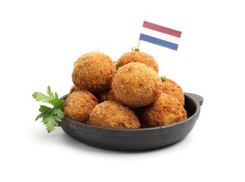 Photo of Delicious fried croquette balls with green onion, parsley and small flag of Netherlands isolated on white