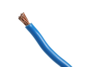 Photo of Stripped electrical wire with copper strands on white background