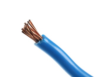 Photo of Stripped electrical wire with copper strands on white background