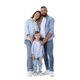 Photo of Family. Happy parents and their son on white background
