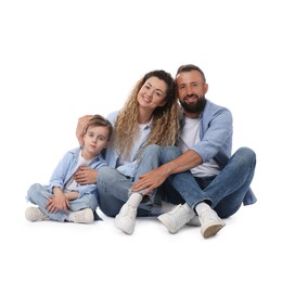 Photo of Family. Happy parents and their son on white background