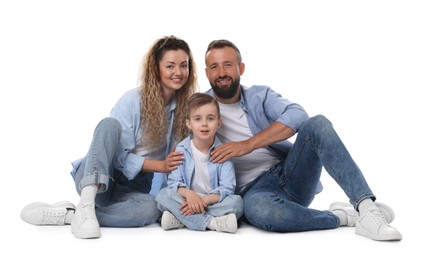 Photo of Family. Happy parents and their son on white background