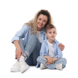 Photo of Family. Happy mother and her son on white background