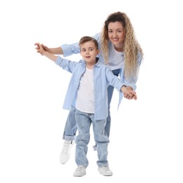 Photo of Family. Happy mother and her son having fun on white background