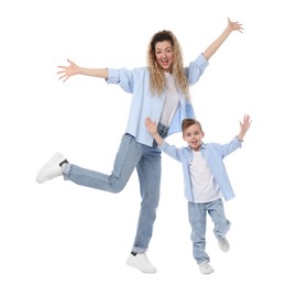 Photo of Family. Happy mother and her son having fun on white background