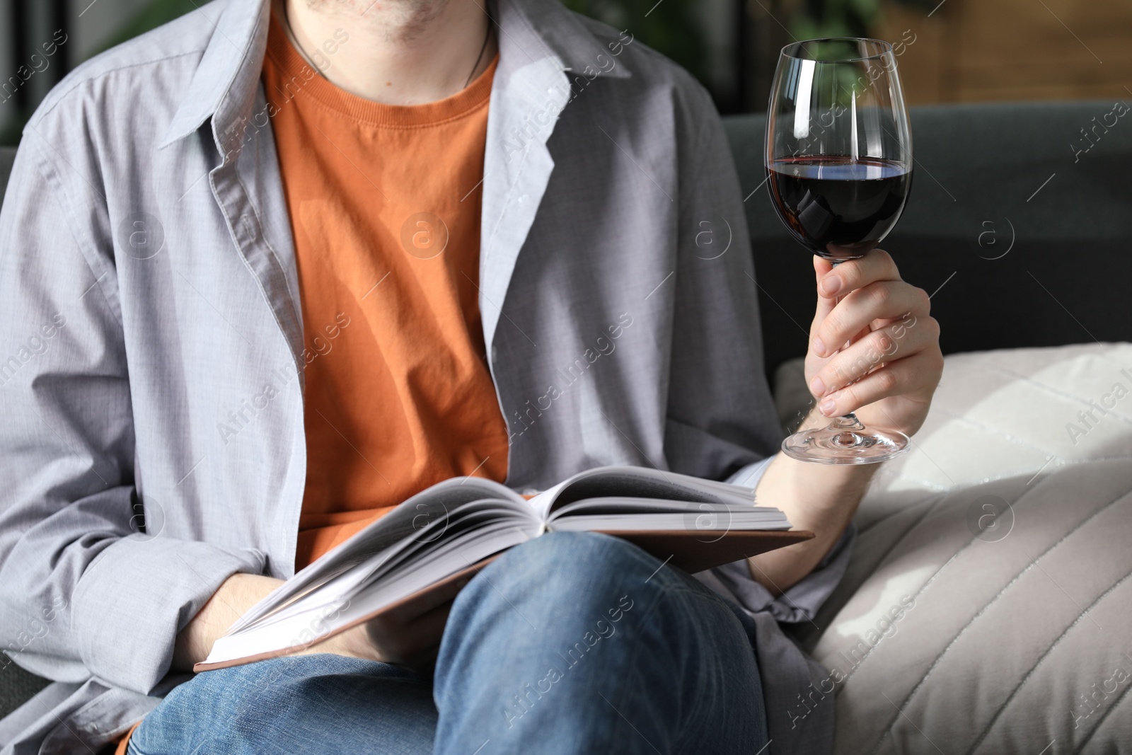 Woman with glass of wine reading book on sofa at home, closeup Photo of Woman with glass of wine reading book on sofa at home, closeup