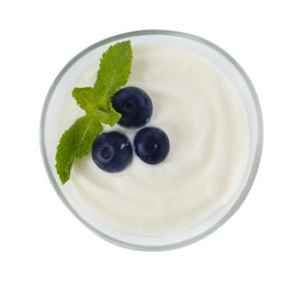 Photo of Tasty yoghurt with blueberries and mint in bowl isolated on white, top view