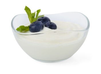Photo of Tasty yoghurt with blueberries and mint in bowl isolated on white