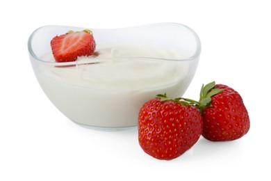 Photo of Tasty yoghurt with strawberries in bowl isolated on white