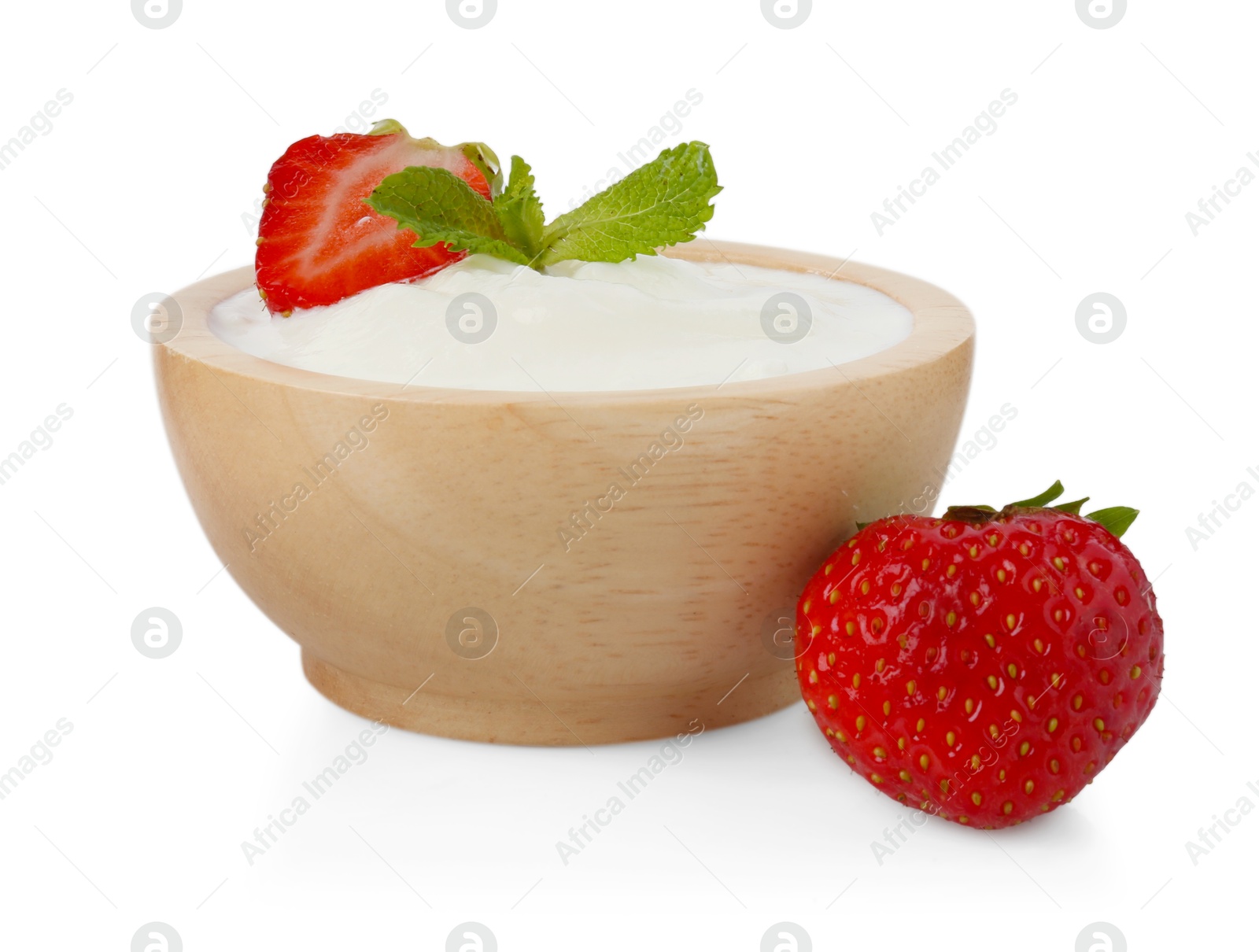 Tasty yoghurt with strawberries and mint in bowl isolated on white Photo of Tasty yoghurt with strawberries and mint in bowl isolated on white