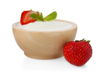 Photo of Tasty yoghurt with strawberries and mint in bowl isolated on white