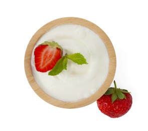 Photo of Tasty yoghurt with strawberries and mint in bowl isolated on white, top view