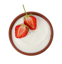 Photo of Tasty yoghurt with strawberries in bowl isolated on white, top view