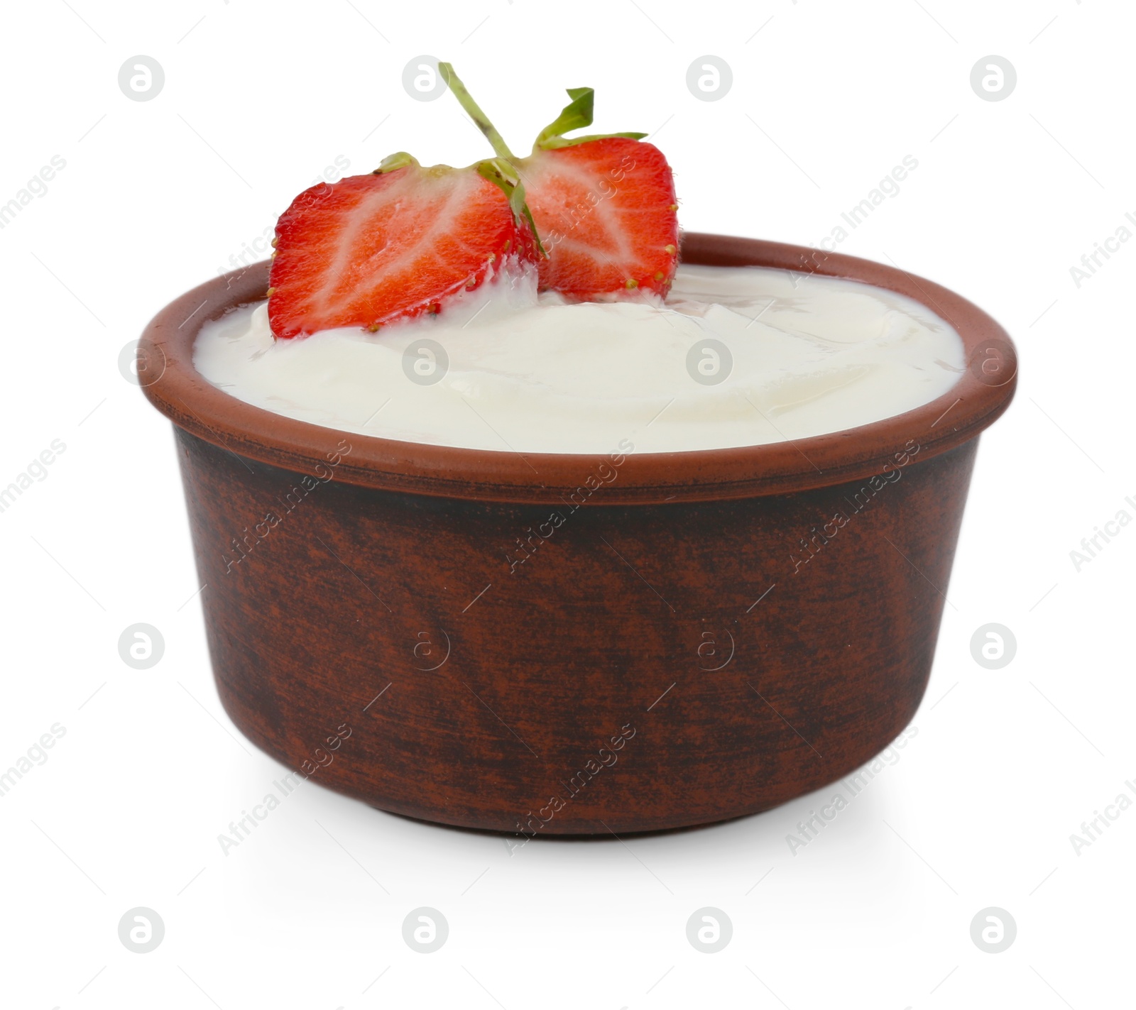 Photo of Tasty yoghurt with strawberries in bowl isolated on white