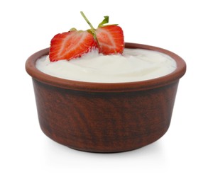 Photo of Tasty yoghurt with strawberries in bowl isolated on white