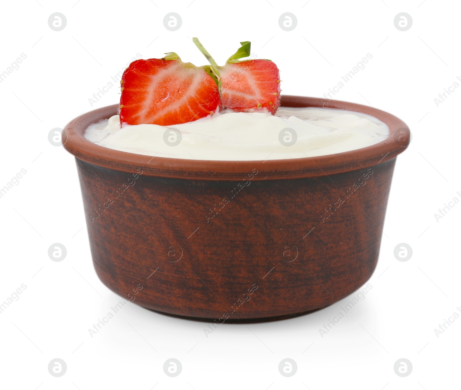 Tasty yoghurt with strawberries in bowl isolated on white Photo of Tasty yoghurt with strawberries in bowl isolated on white
