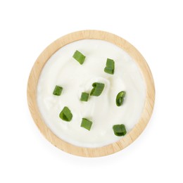 Photo of Tasty yoghurt with green onions in bowl isolated on white, top view