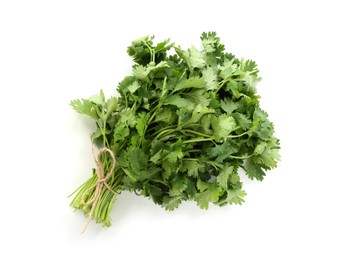 Photo of Bunch of aromatic cilantro isolated on white, top view