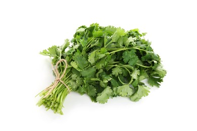 Photo of Bunch of aromatic cilantro isolated on white, above view