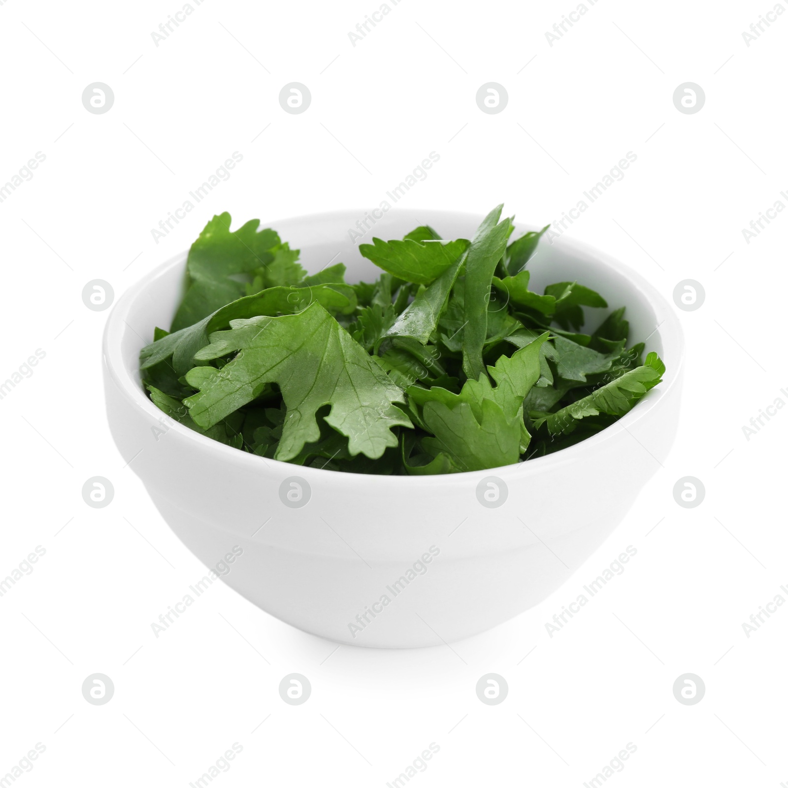 Photo of Aromatic cilantro in bowl isolated on white